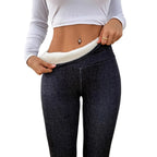 Women's Denim Fleece-lined Thermal Leggings, High-waisted, Pleated Waistband, Slim Fit, Suitable For Wearing As Outerwea