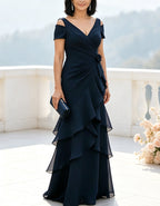 Navy Blue Cold-Shoulder Tiered Chiffon Ruffle Maxi Dress
