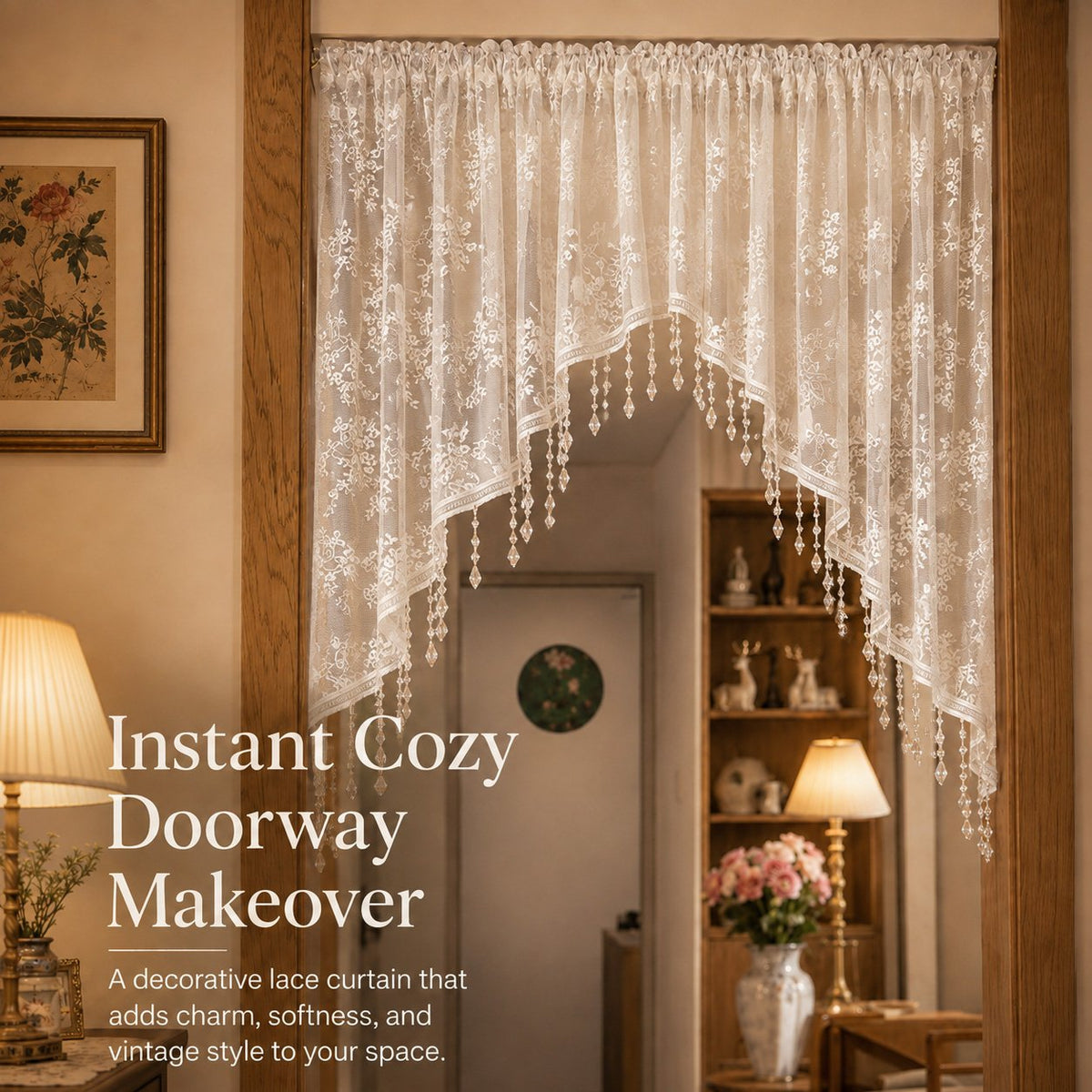 Embroidered Lace Doorway Curtain – Romantic Floral Beaded Sheer Panels