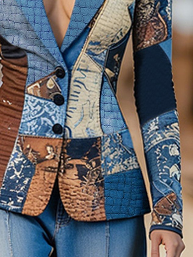 Stylewe Women Casual Natural X-Line Printed Blazer Lapel Collar Daily Spring