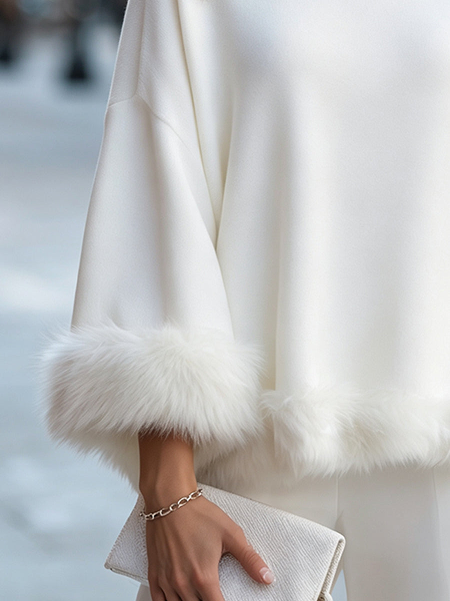 Elegant Faux Fur-Trimmed Knit Sweater