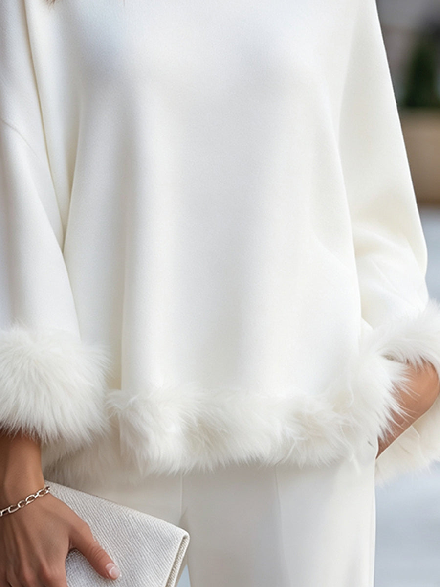 Elegant Faux Fur-Trimmed Knit Sweater