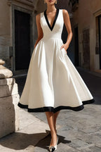 Ladies' Elegant Contrasting V-Neck Mid Length Dress