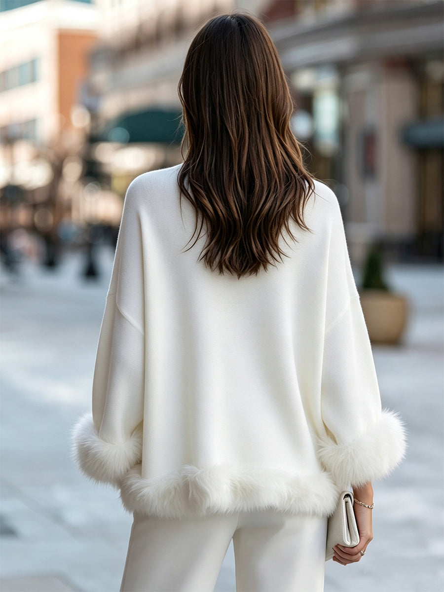Elegant Faux Fur-Trimmed Knit Sweater