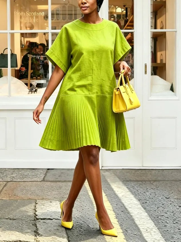 Cotton Crew Neck Pleated Knee-Length Casual Dress