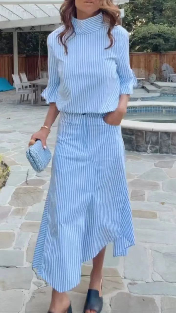 Blue Striped Turtleneck Flare Sleeve Irregular Midi Skirt Two Piece Outfit