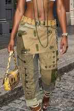 Women's Y2K Patchwork Cargo Pants with Asymmetrical Panels & Chain Accents