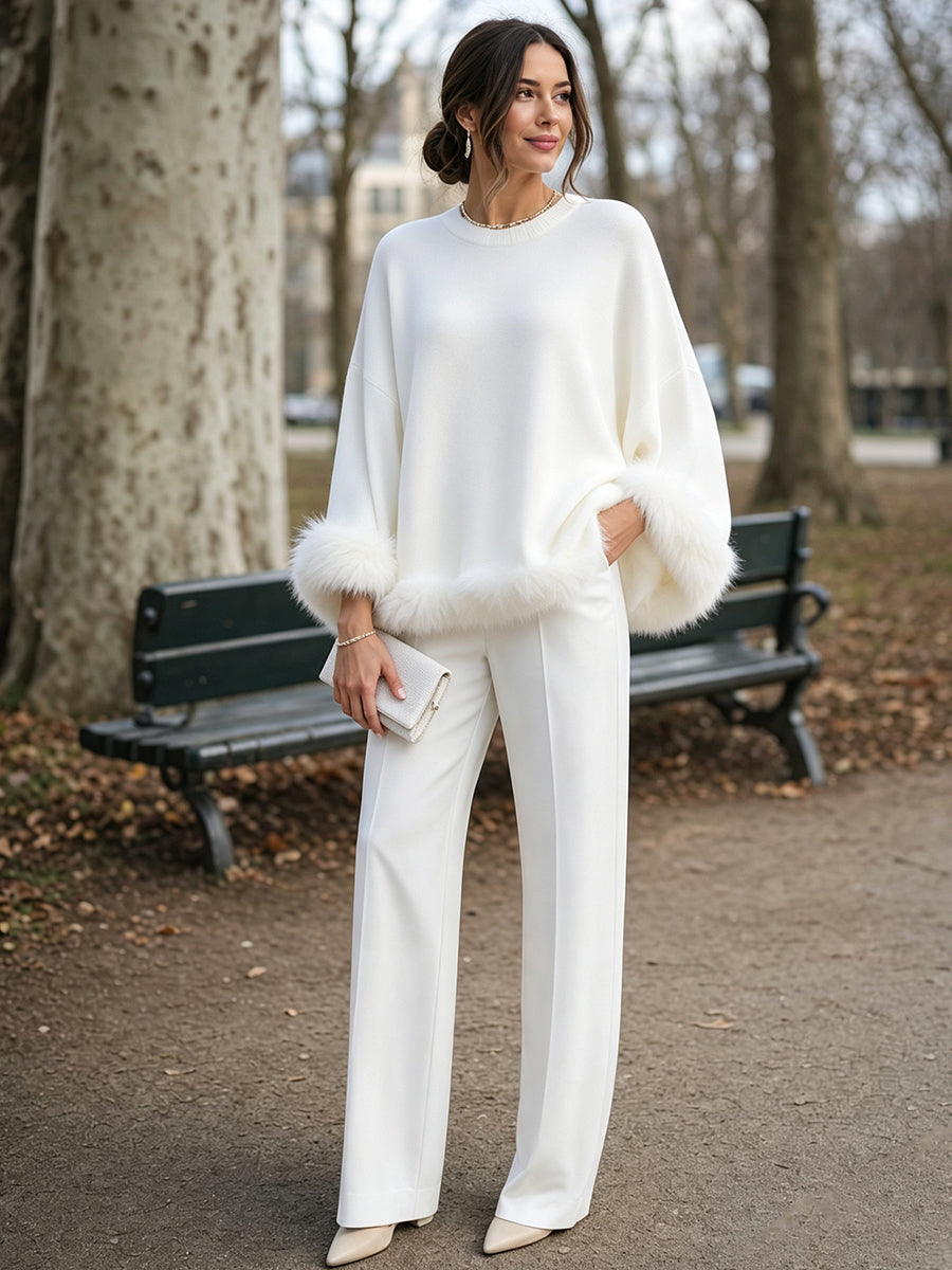 Elegant Faux Fur-Trimmed Knit Sweater