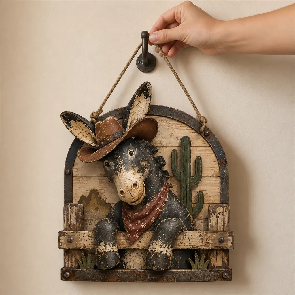 🌵 Rustic Cowboy Donkey Wall Hanging – Western Farmhouse Décor & Country Keepsake