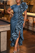 Women's Elegant Party Flounce Trim Denim Dress