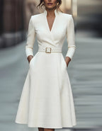 White V-Neck Three Quarter Sleeve Midi Dress