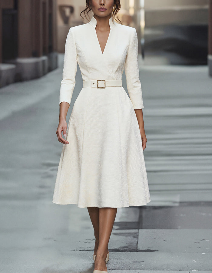 White V-Neck Three Quarter Sleeve Midi Dress