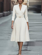 White V-Neck Three Quarter Sleeve Midi Dress