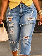 Casual Ripped Solid Slim Fit Capri Jeans