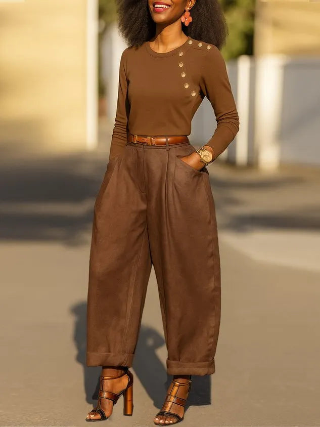 Casual Plain Pockets Turnip Pants No Belt