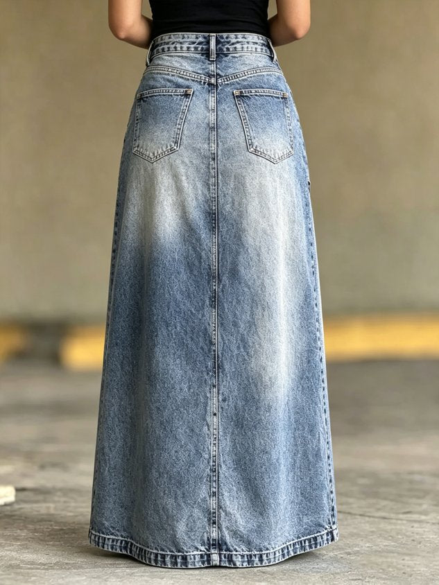 Casual Slit Plain Maxi Denim Skirt
