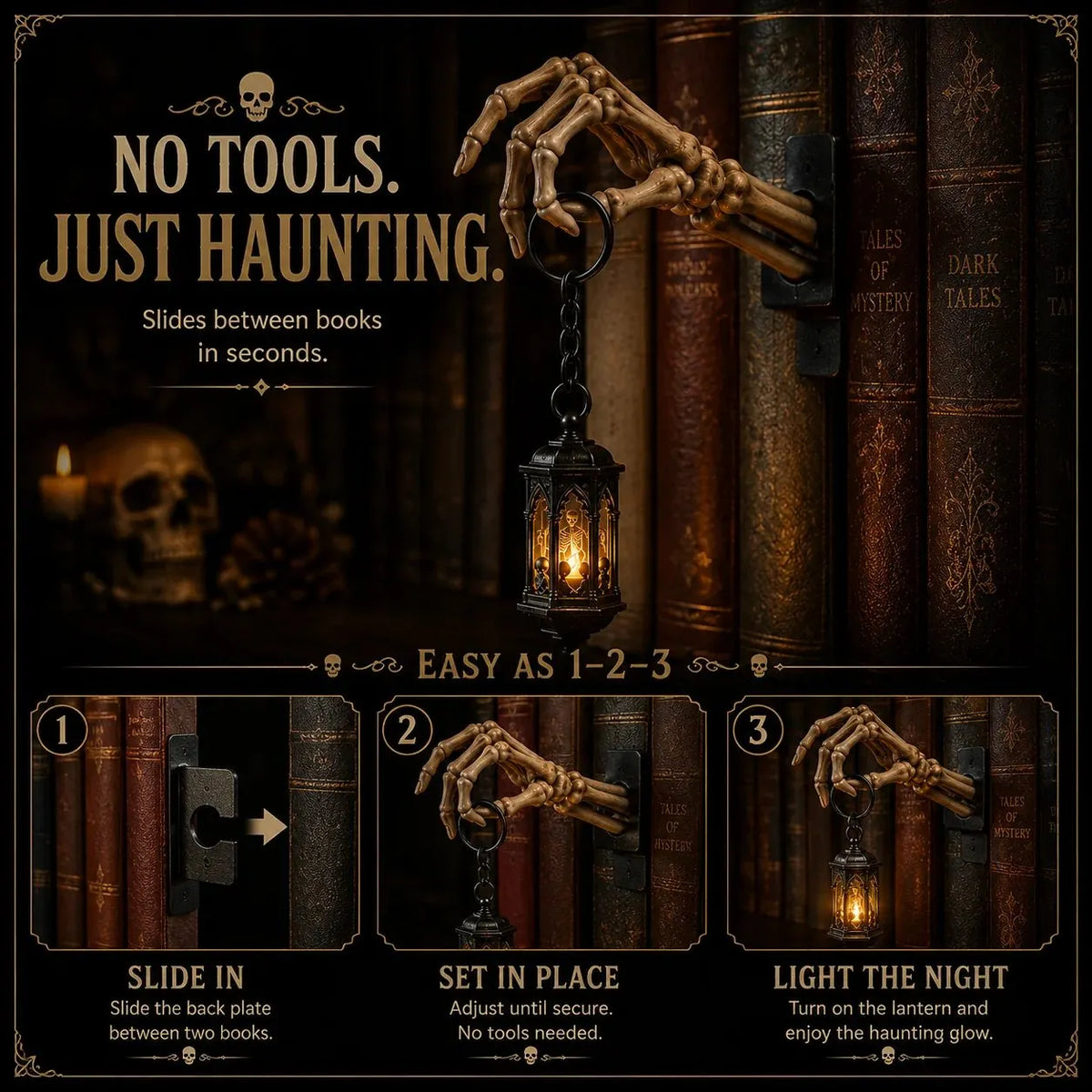 💀 Skeleton Hand Lantern Bookshelf Light