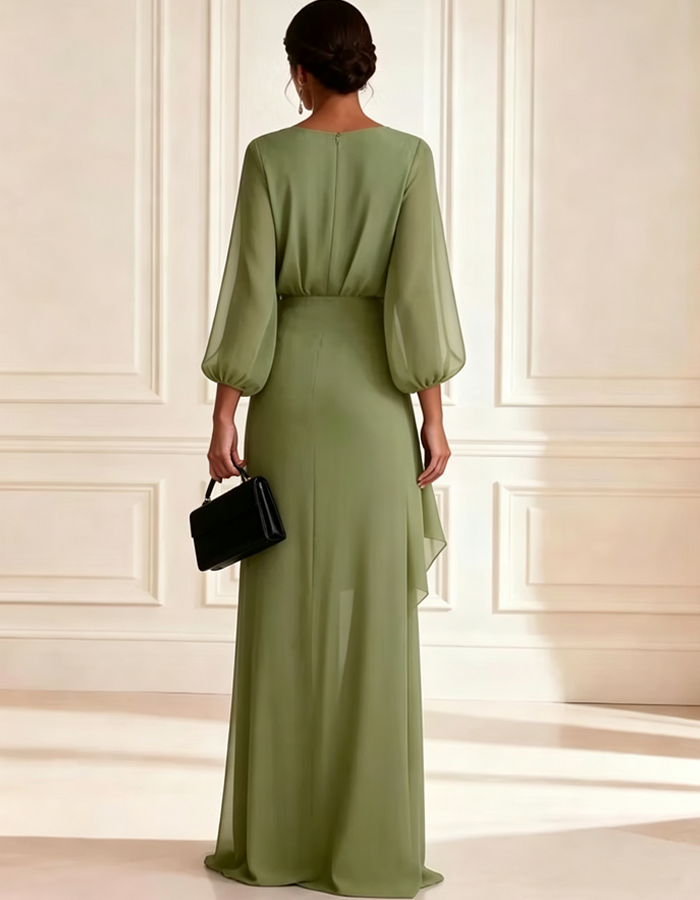 Sage Green Chiffon V-neck Puff Sleeve Maxi Dress