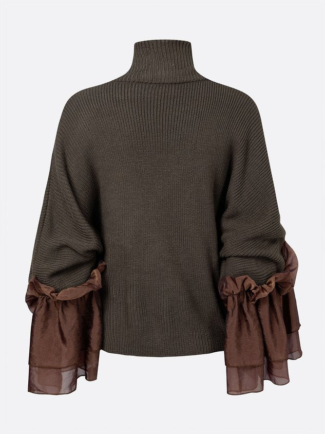 Casual Color Block Turtleneck Sweater with Sheer Ruffle Cuffs