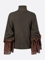 Casual Color Block Turtleneck Sweater with Sheer Ruffle Cuffs