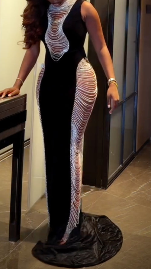 Black Velvet Crystal Fringe Mermaid Gown