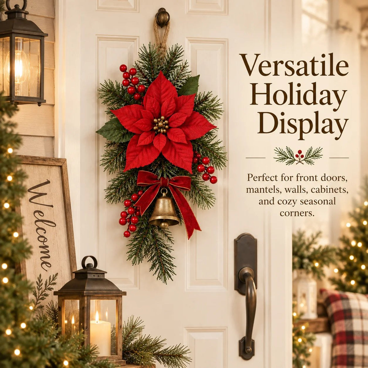 🎄 Classic Red Poinsettia Christmas Door Swag ❤️ – Festive Holiday Floral Wreath Decor for Front Door & Home