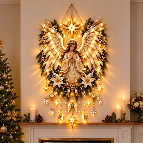🕊️👼 Praying Angel Wreath Wall Hanging With Lights✨