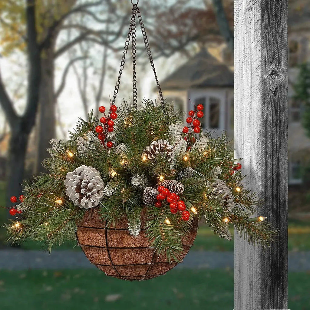 🎄 lit Artificial Christmas Hanging Basket - Flocked with Mixed Decorations and White LED Lights - Frosted Berry