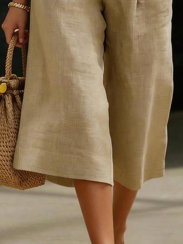 Cotton And Linen Casual Plain Distressing Wide Leg Pants