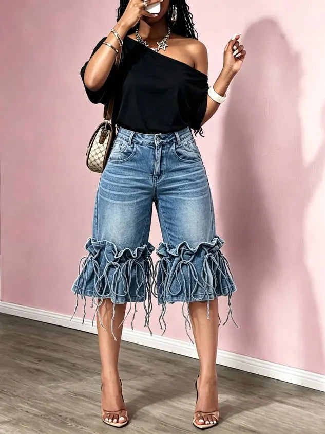 Casual Lace-Up Denim Shorts
