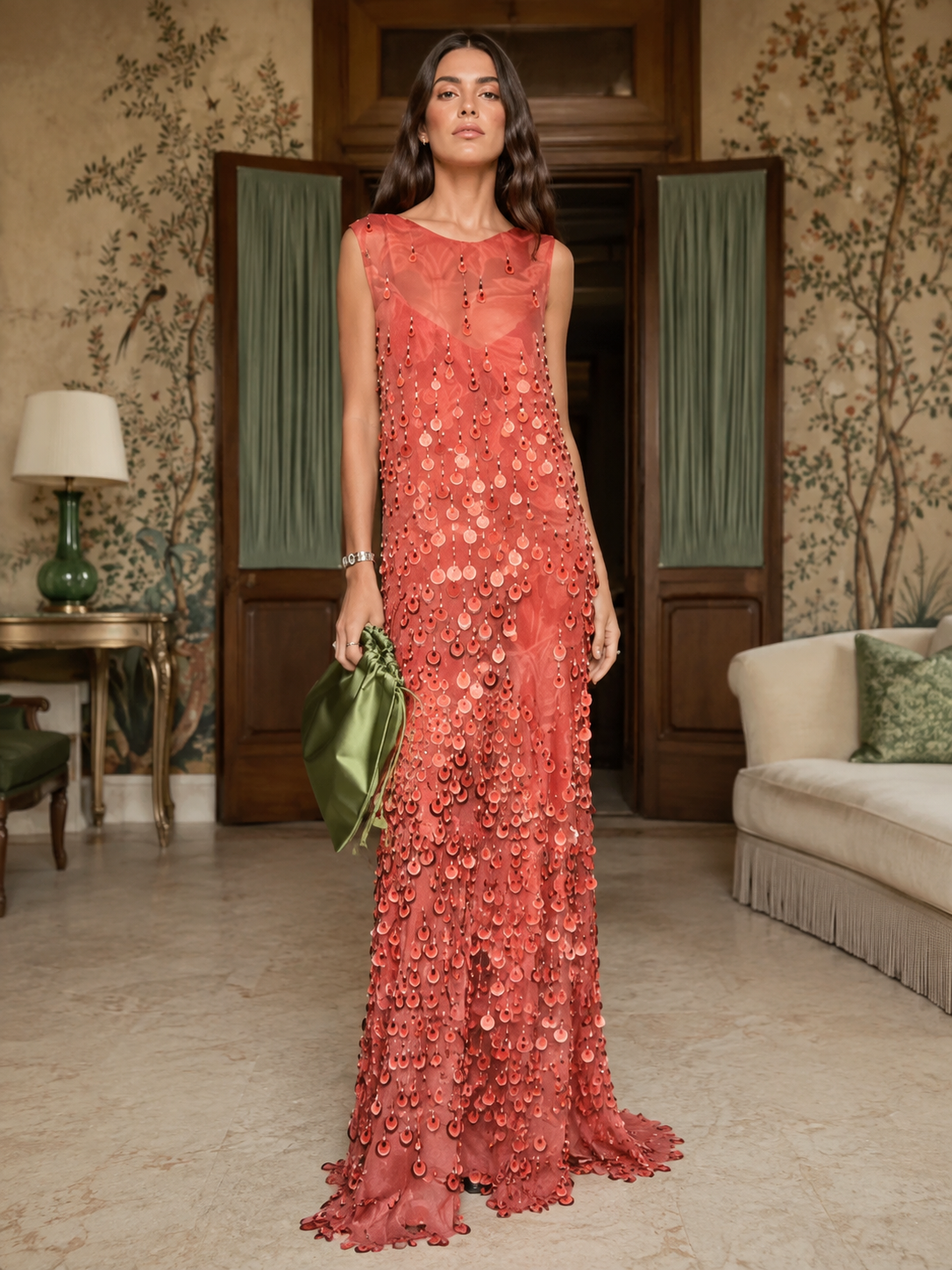 Sequin Fringe Sleeveless Maxi Evening Gown