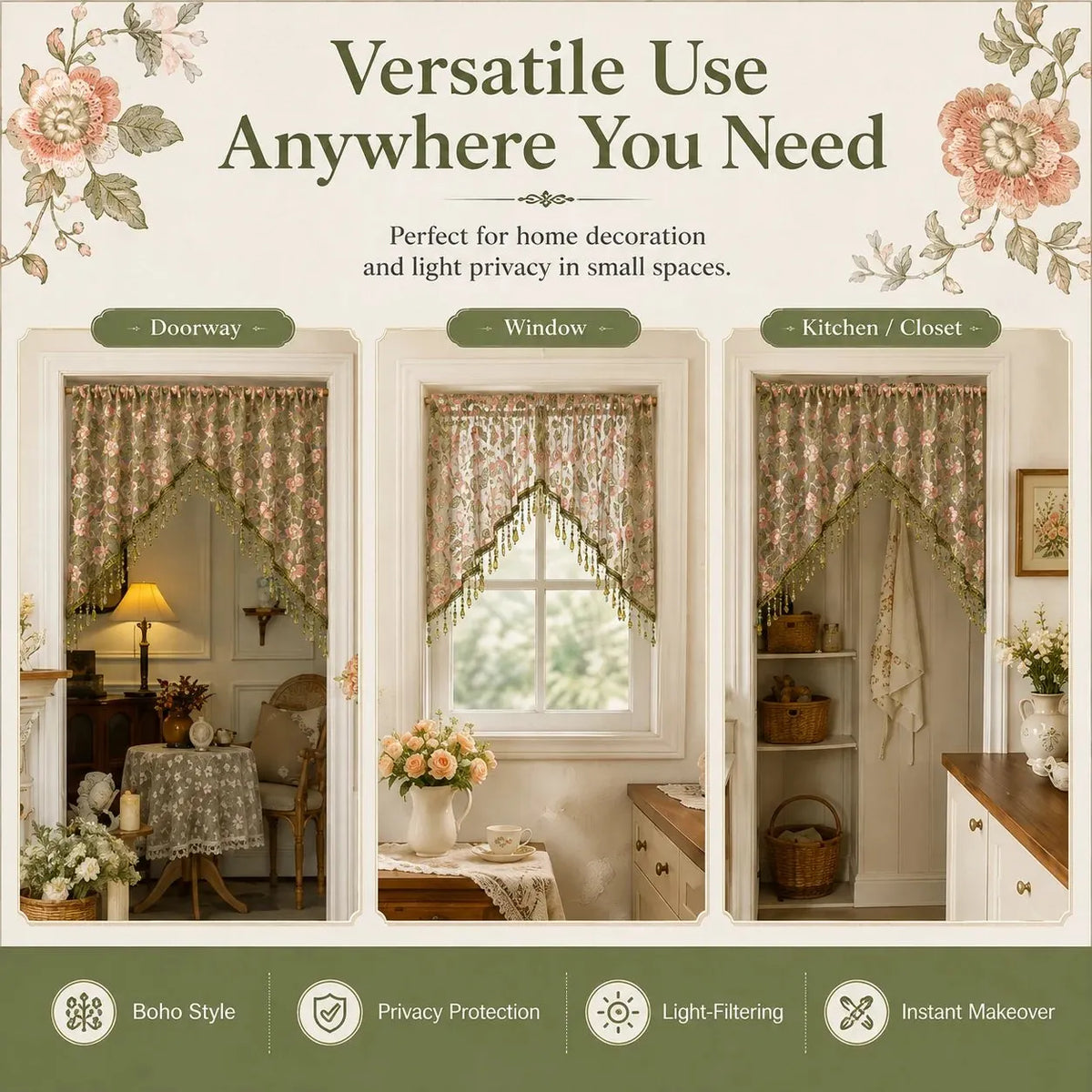 Embroidered Lace Doorway Curtain – Romantic Floral Beaded Sheer Panels