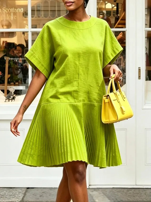 Cotton Crew Neck Pleated Knee-Length Casual Dress