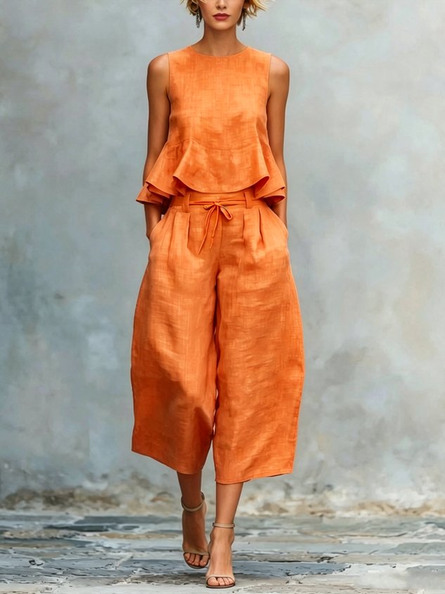 Cotton Casual Solid Relaxed Plain Peplum Sleeveless Blouse