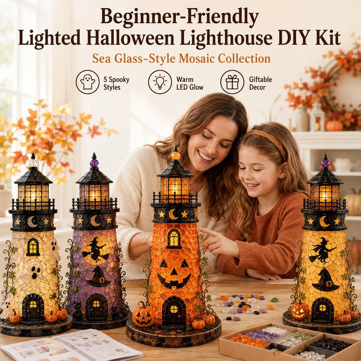 🎃 Beginner-Friendly Lighted Halloween Lighthouse DIY Kit – Sea Glass-Style Mosaic Collection
