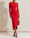 Red Asymmetrical Pleated Long Sleeved Slim Fit Midi Dress