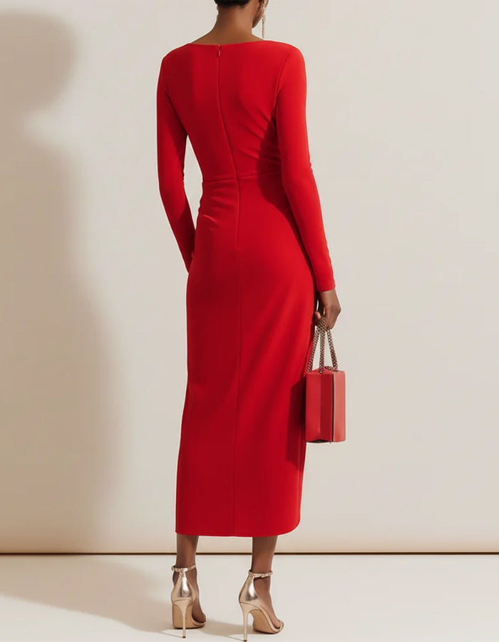 Red Asymmetrical Pleated Long Sleeved Slim Fit Midi Dress