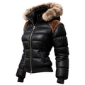 Retro Women's Contrast Color Stitching Fur Collar Stand Collar Hooded Jacket
