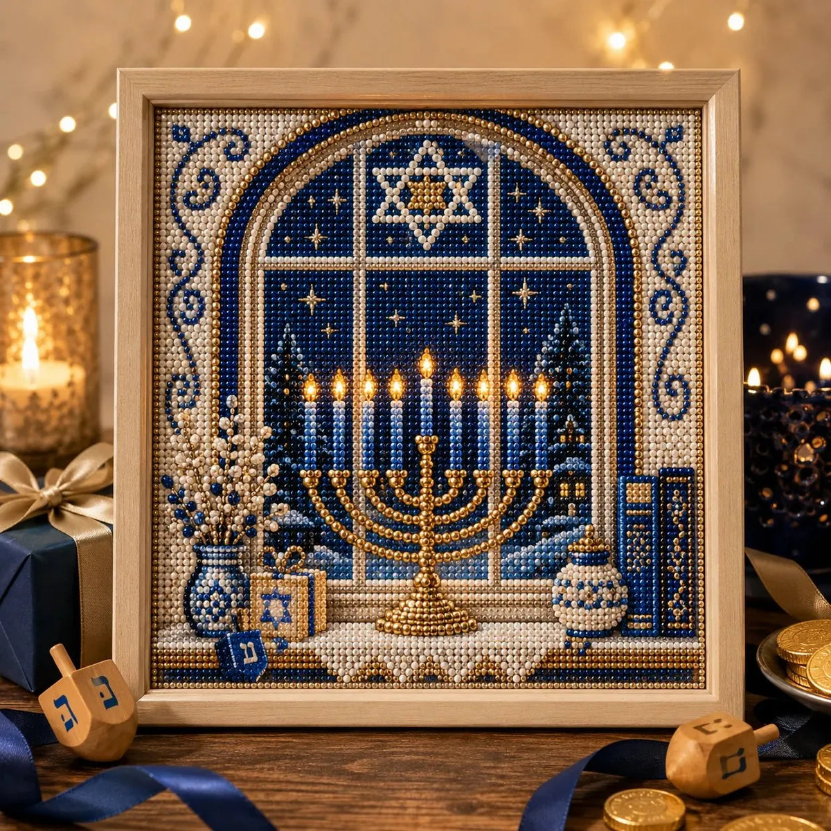 🕎 Premium 3D Pearl Hanukkah Art Kit | Luxury Flocked Canvas with Scratch-Resistant Non-Fading Acrylic Resin Pearls & Faceted Drills DIY Festival of Lights Decor 💙✨