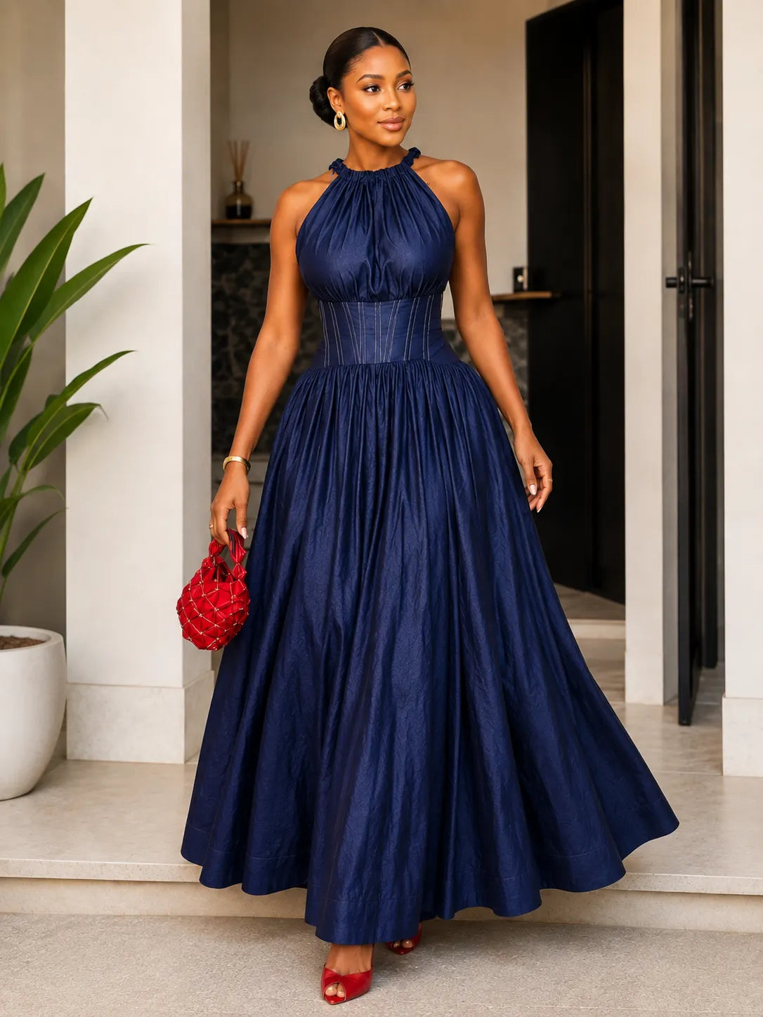 Dark Denim Halter Corset Waist Maxi Dress