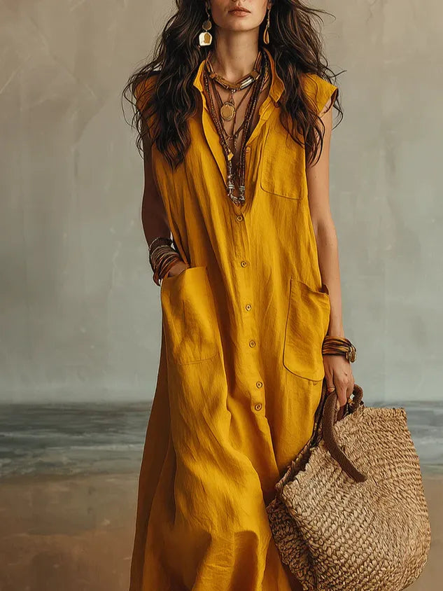 Cotton And Linen Casual Plain Split Joint Buttoned Pockets Maxi Dress