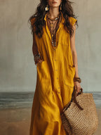 Cotton And Linen Casual Plain Split Joint Buttoned Pockets Maxi Dress