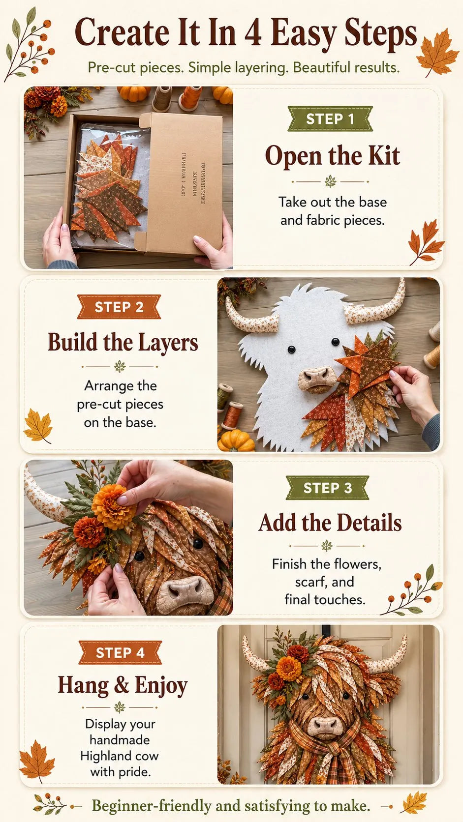 Birth Flower Highland Cow 3D Layered Fabric Art DIY Kit | Complete Kit Included ✂️ Pre-Cut Pieces • Glue or Stitch Your Way • Create a Cozy 3D Highland Cow Decor 💕