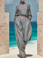 Cotton And Linen Casual Plain Stand Collar Blouse