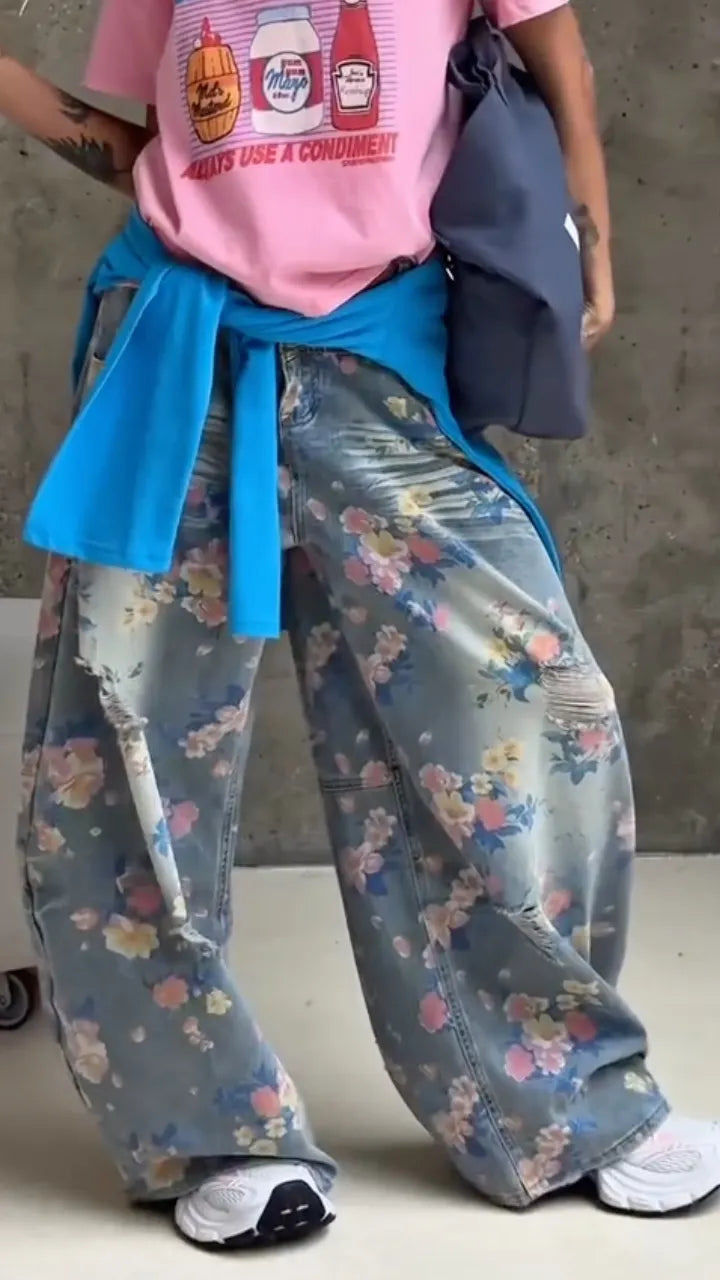 Floral Print Distressed Wide Leg Jeans