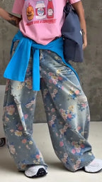 Floral Print Distressed Wide Leg Jeans