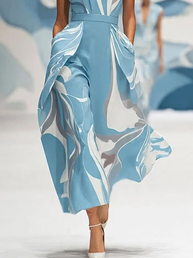 Elegant Abstract Printing Stand Collar Midi Dress