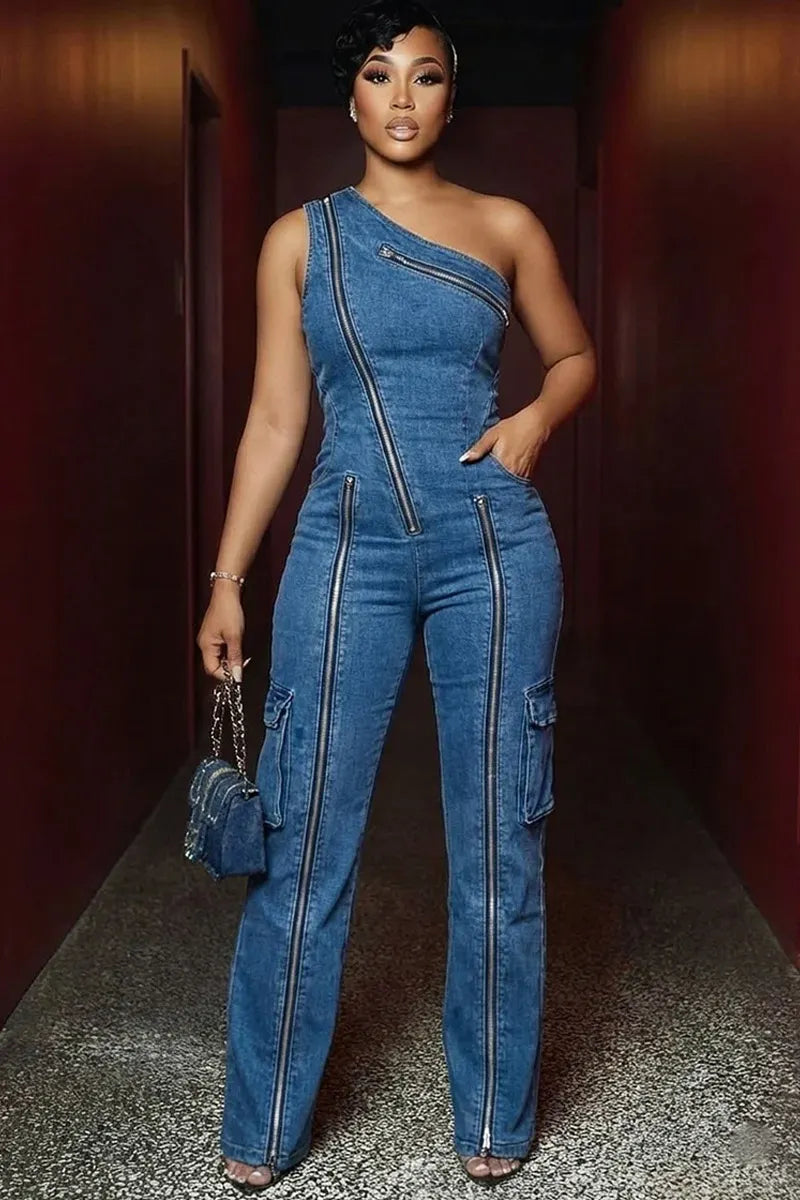 Hot Selling Women's Casual Denim Single Shoulder Sleeveless Zipper Tight Jumpsuit