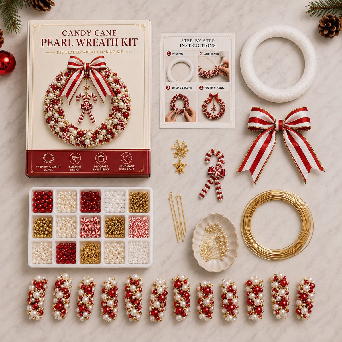 🎄 DIY Pearl Christmas Wreath Kit – Mini Handmade Bead Ornament for Tree, Bag & Decor