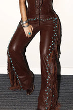 Women's Leather Lace-Up Vest & Side Fringe Beads Leather Pants